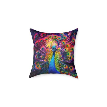 Rainbow Peacock 2 - Square Poly Canvas Pillow - UK