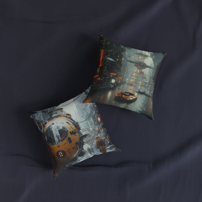 Futuristic Cityscape Square Pillow - Cyberpunk Cityscape Design - UK