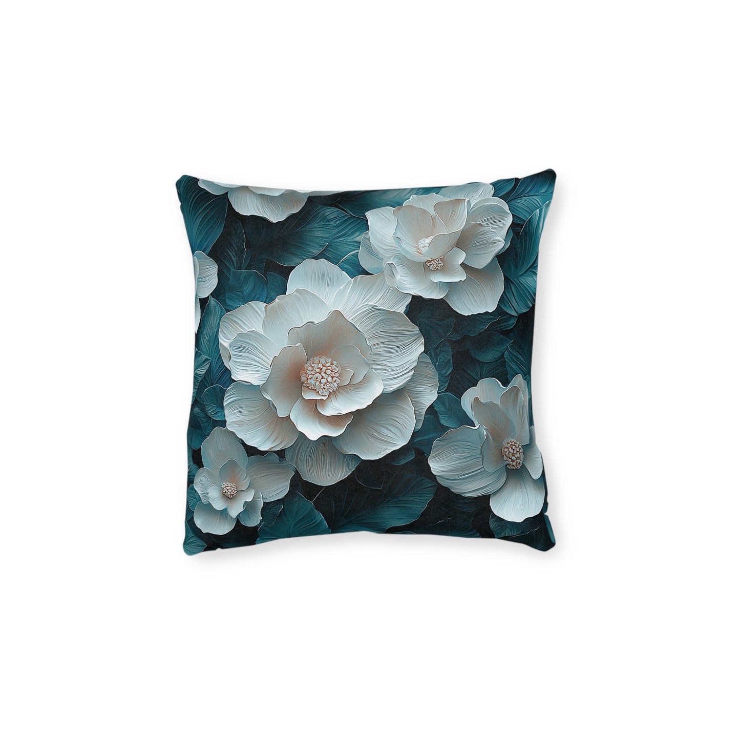Elegant  White Winter Flower On Dark Teal Leaf - Cushion UK