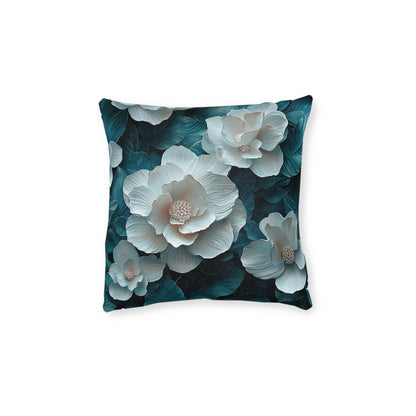 Elegant  White Winter Flower On Dark Teal Leaf - Cushion UK