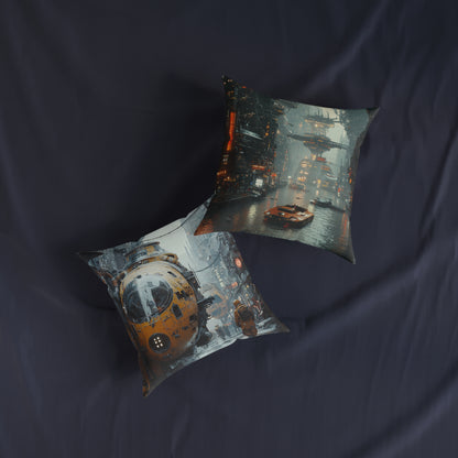 Futuristic Cityscape Square Pillow - Cyberpunk Cityscape Design - UK