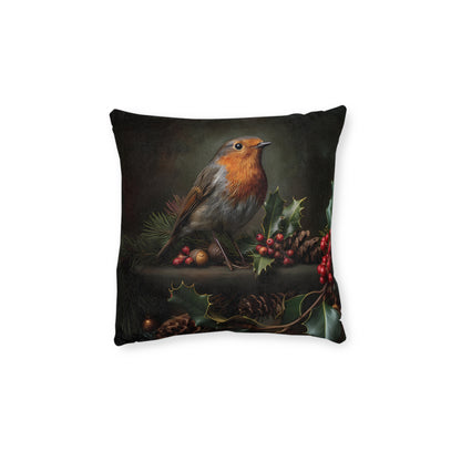 Cute Robin Sitting On Cones and Holly - Square Pillow -UK