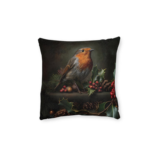 Cute Robin Sitting On Cones and Holly - Square Pillow -UK