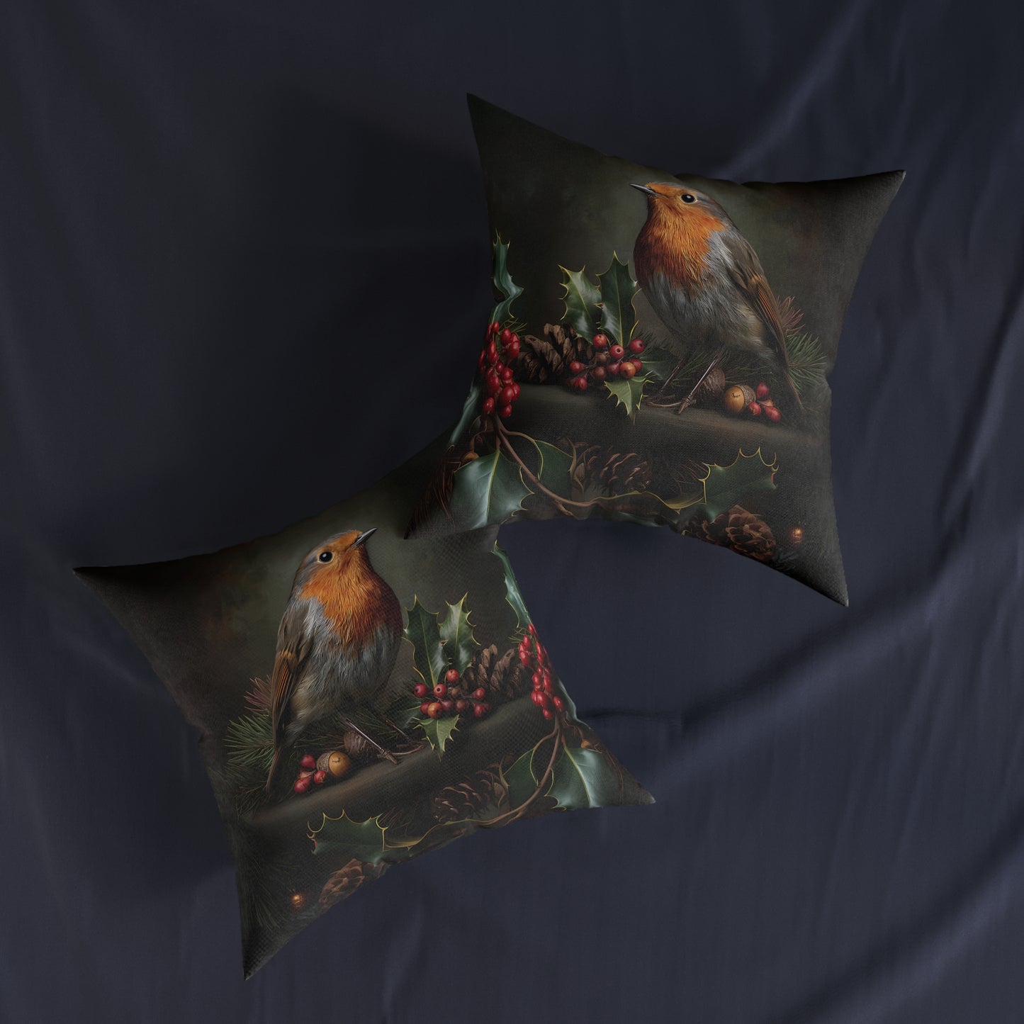 Cute Robin Sitting On Cones and Holly - Square Pillow -UK