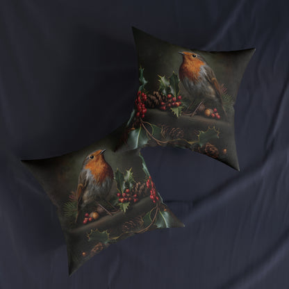 Cute Robin Sitting On Cones and Holly - Square Pillow -UK