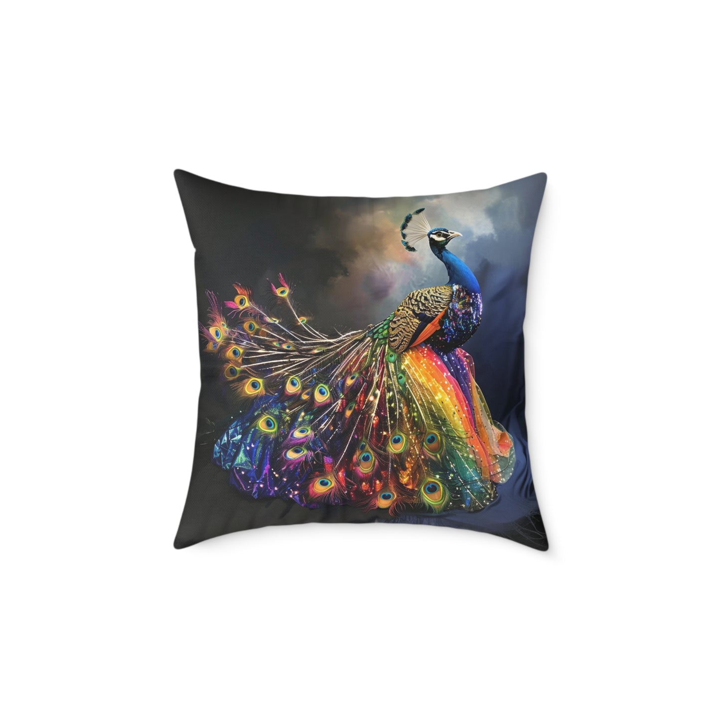 Rainbow Peacock 1 - Square Poly Canvas Pillow - UK