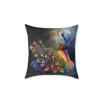 Rainbow Peacock 1 - Square Poly Canvas Pillow - UK