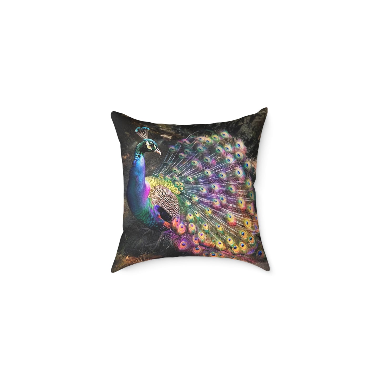 Rainbow Peacock 1 - Square Poly Canvas Pillow - UK