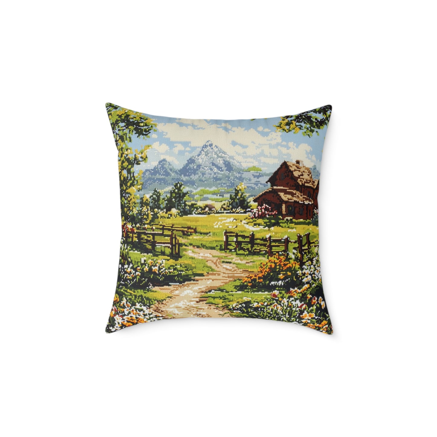 Countryside Nature 2 (Cross-Stitch Effect) - Square Poly Canvas Pillow - UK
