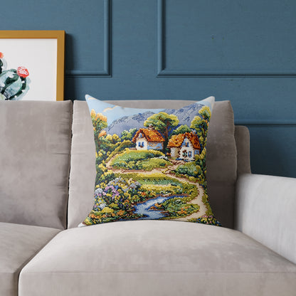 Countryside Nature (Cross-Stitch Effect) - Square Poly Canvas Pillow - UK