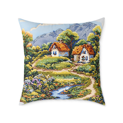 Countryside Nature (Cross-Stitch Effect) - Square Poly Canvas Pillow - UK