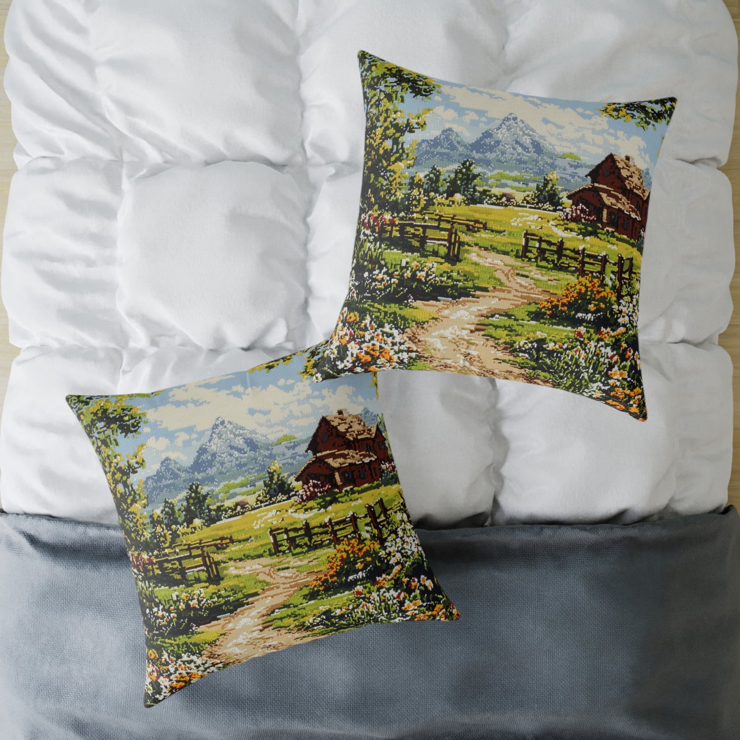 Countryside Nature 2 (Cross-Stitch Effect) - Square Poly Canvas Pillow - UK