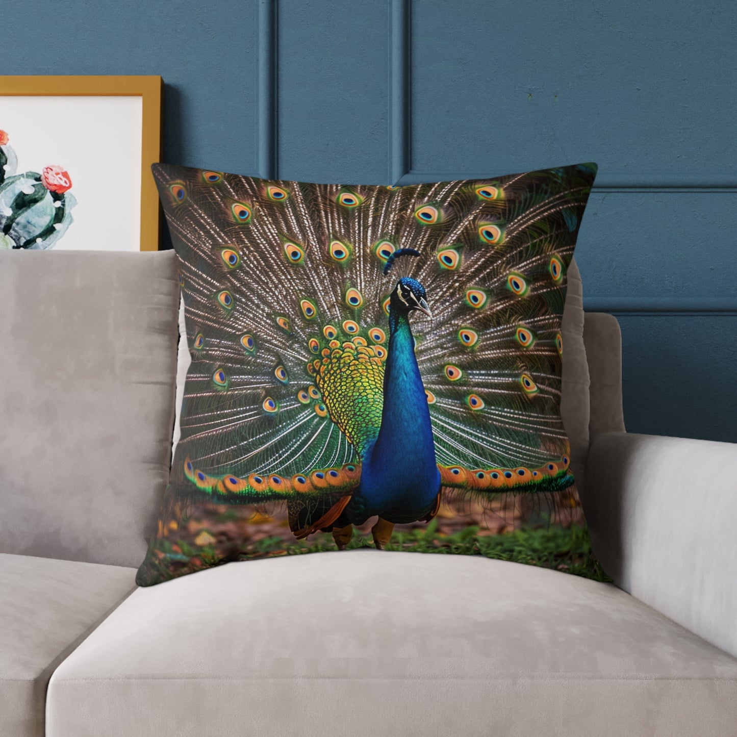 Rainbow Peacock 2 - Square Poly Canvas Pillow - UK