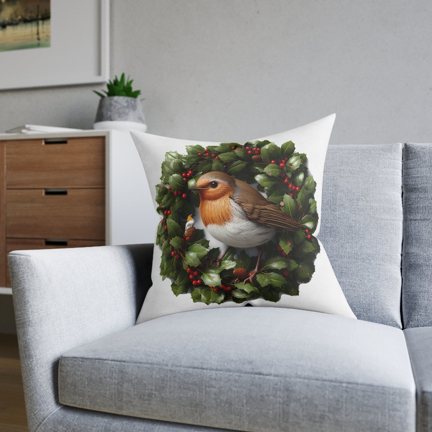 Christmas Robin Sat On A Holly Wreath - UK