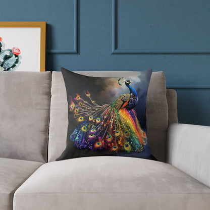 Rainbow Peacock 1 - Square Poly Canvas Pillow - UK