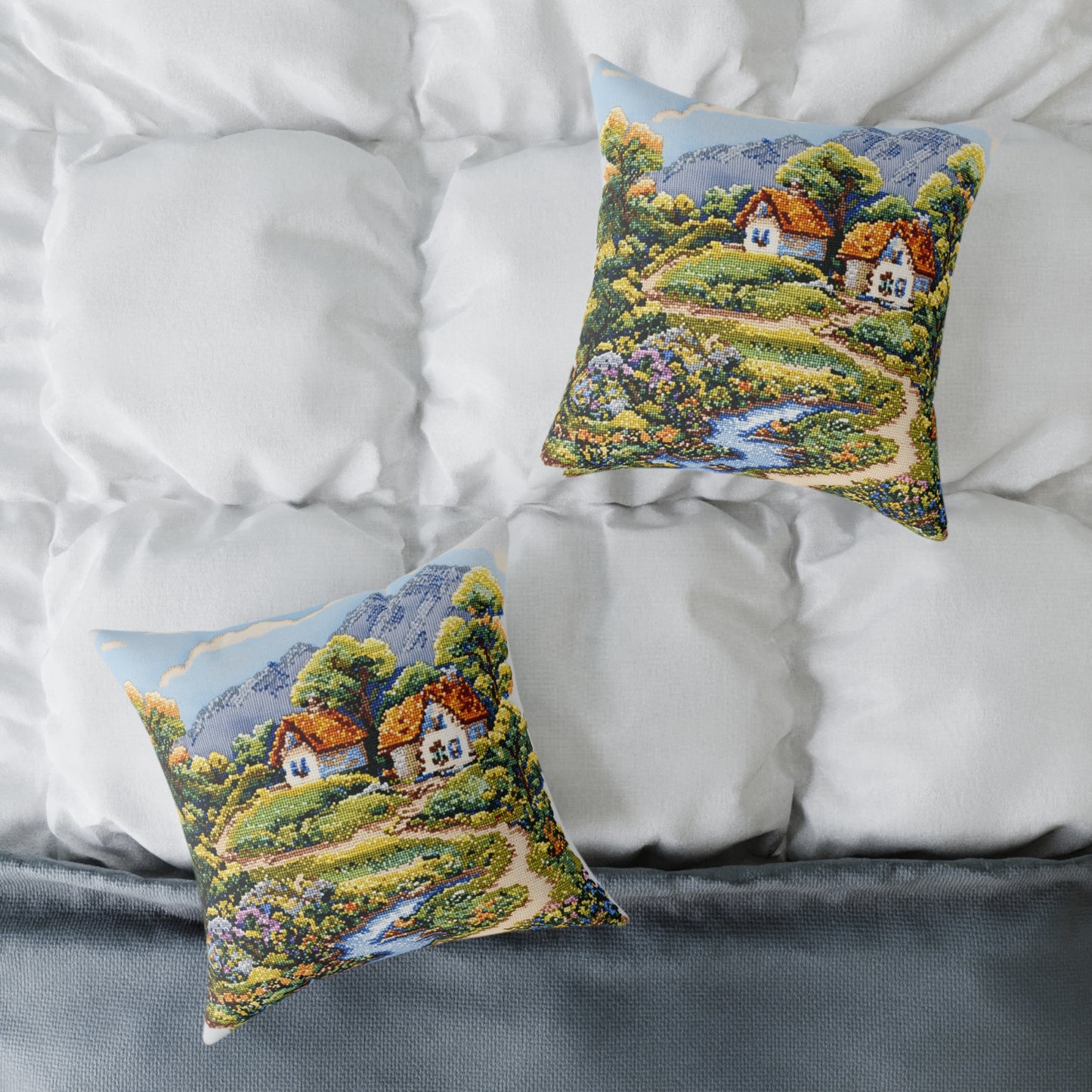 Countryside Nature (Cross-Stitch Effect) - Square Poly Canvas Pillow - UK