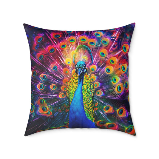 Rainbow Peacock 2 - Square Poly Canvas Pillow - UK