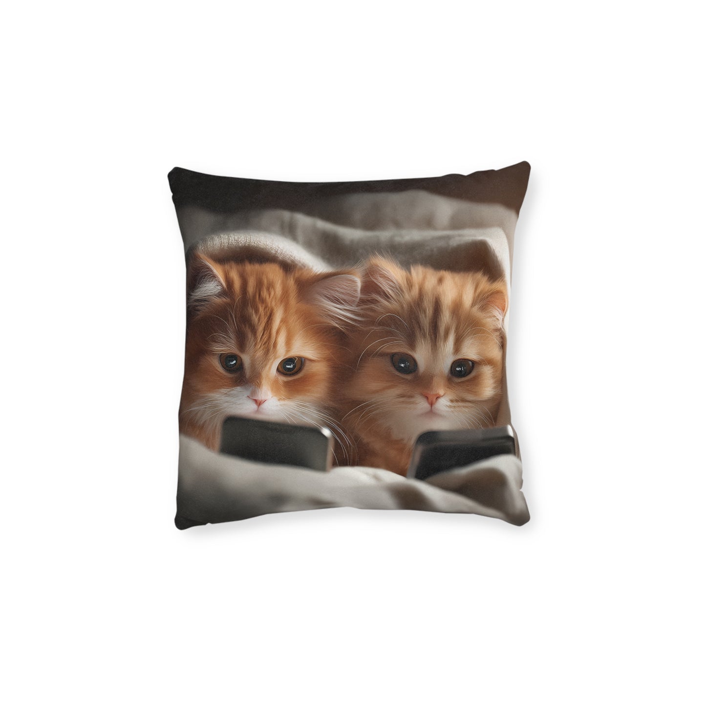 Cute Kittens in Bed With Mobile Phones - Square Pillow - UK