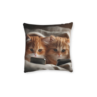 Cute Kittens in Bed With Mobile Phones - Square Pillow - UK