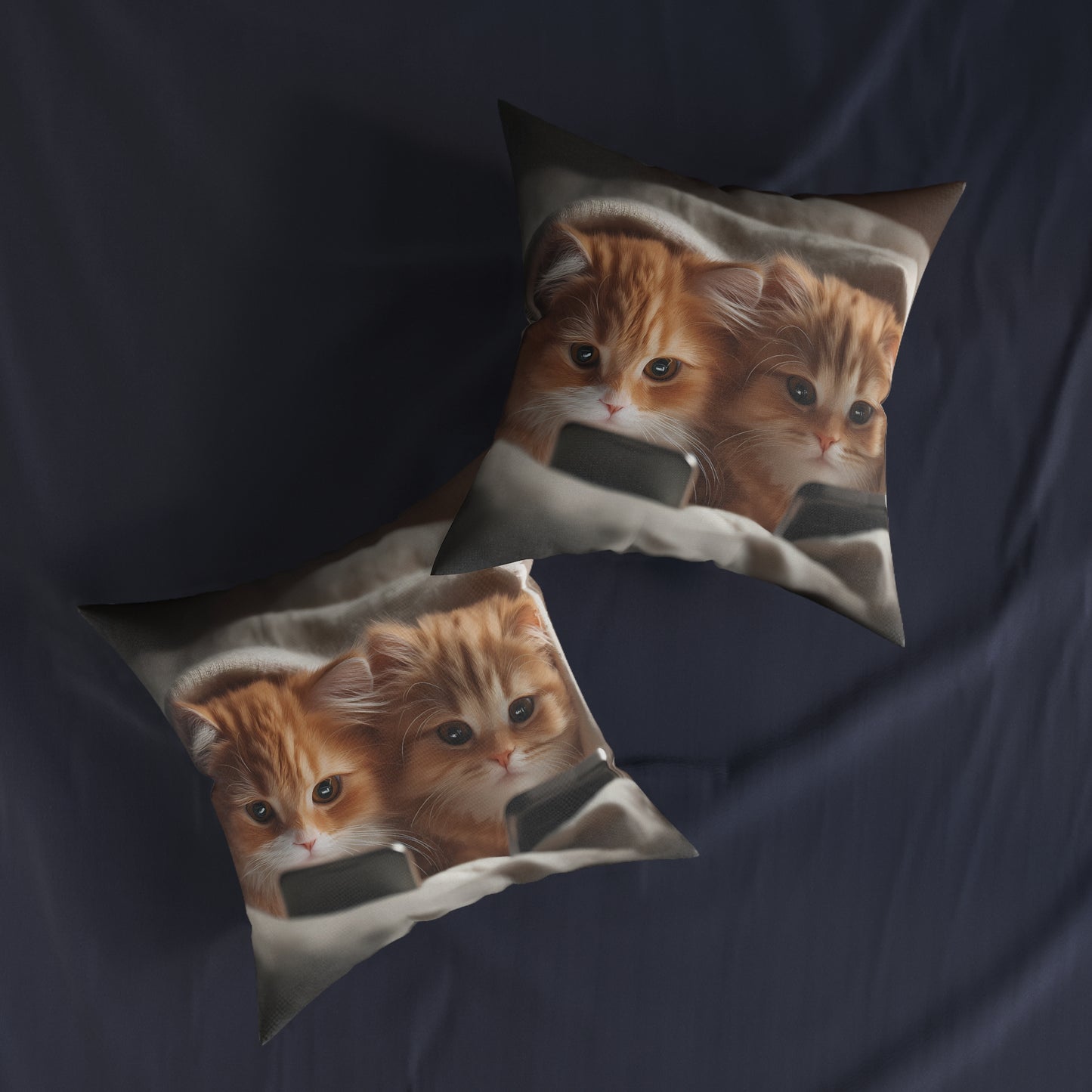 Cute Kittens in Bed With Mobile Phones - Square Pillow - UK