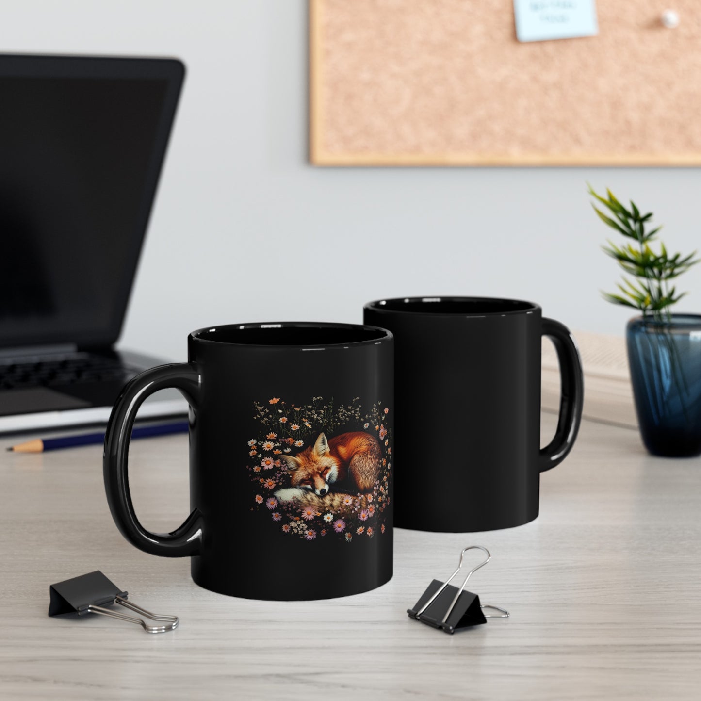Floral Fox #2 - 11oz Black Mug