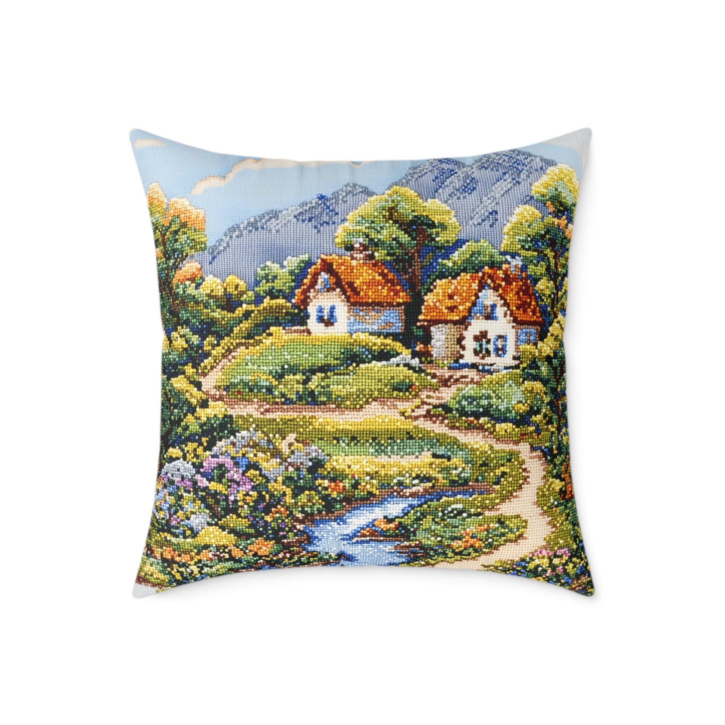 Countryside Nature (Cross-Stitch Effect) - Square Poly Canvas Pillow - UK