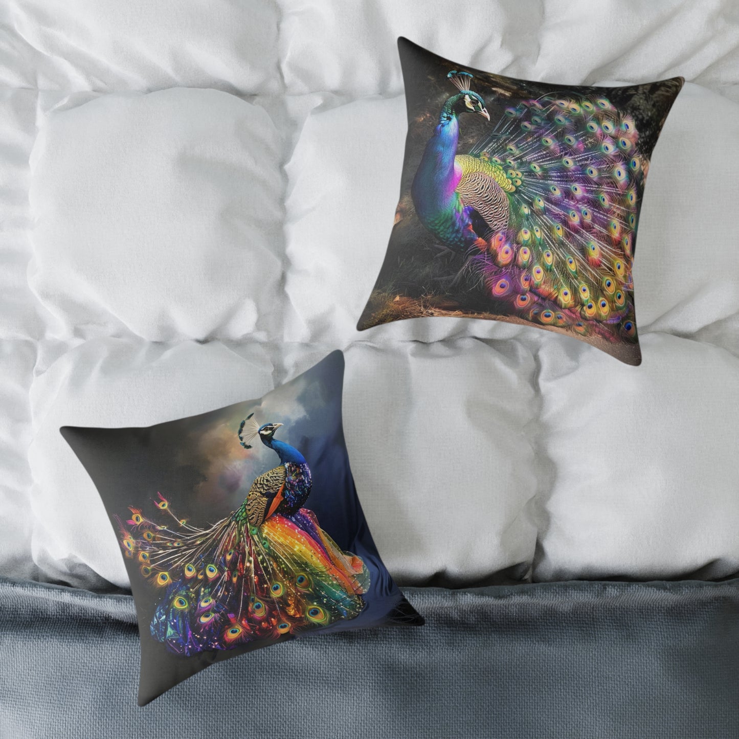 Rainbow Peacock 1 - Square Poly Canvas Pillow - UK