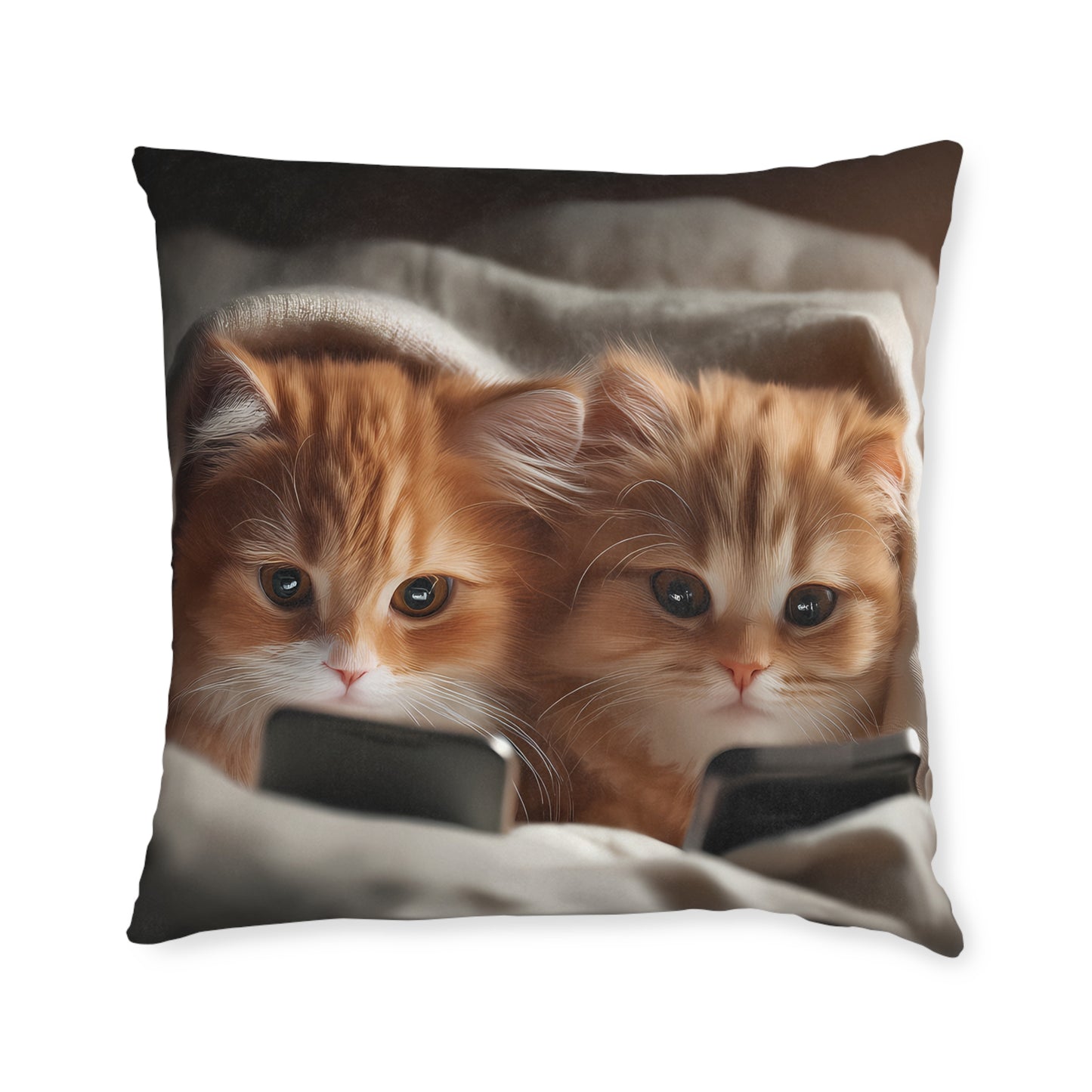 Cute Kittens in Bed With Mobile Phones - Square Pillow - UK