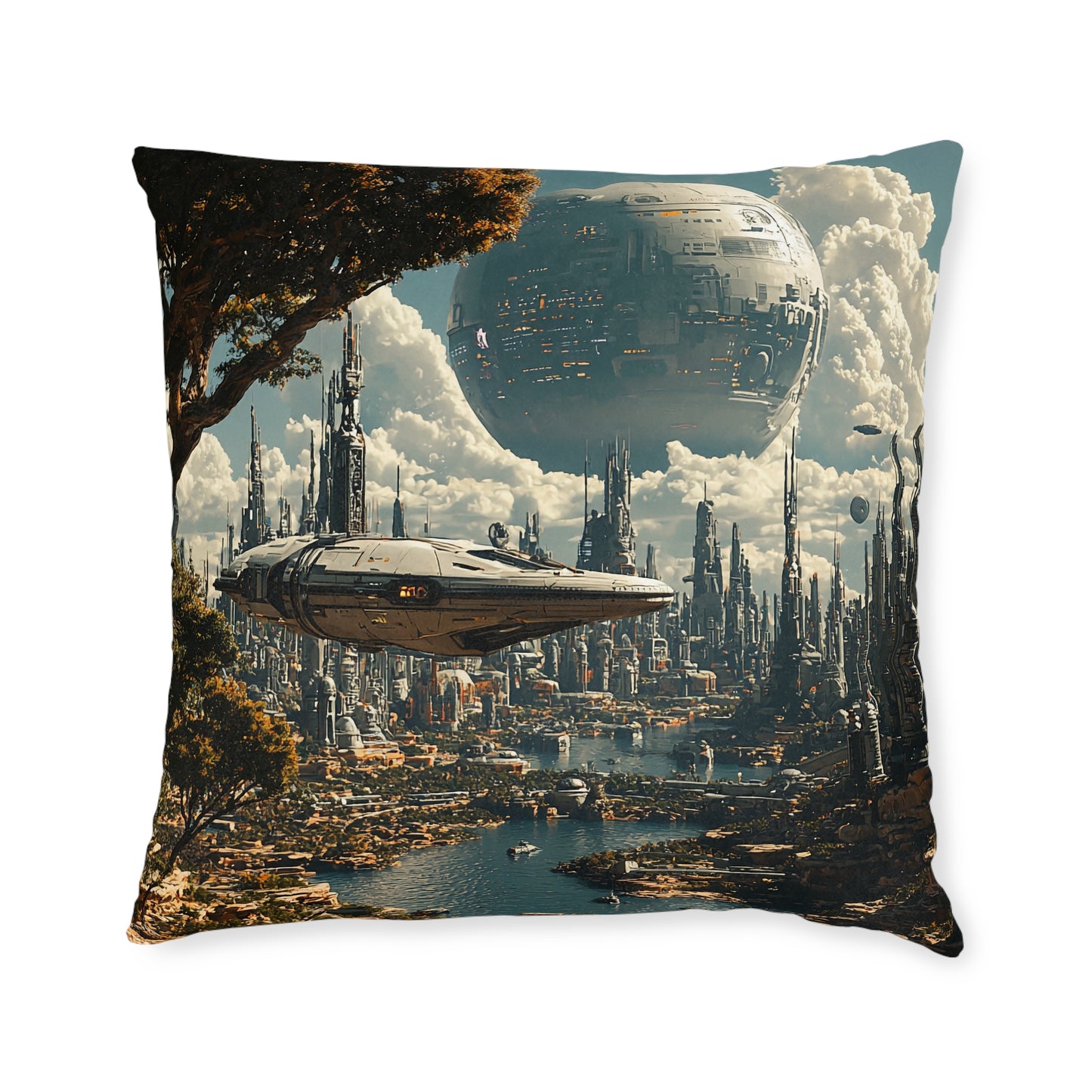 Futuristic Cityscape 2 Square Pillow - Cyberpunk Cityscape Design - UK