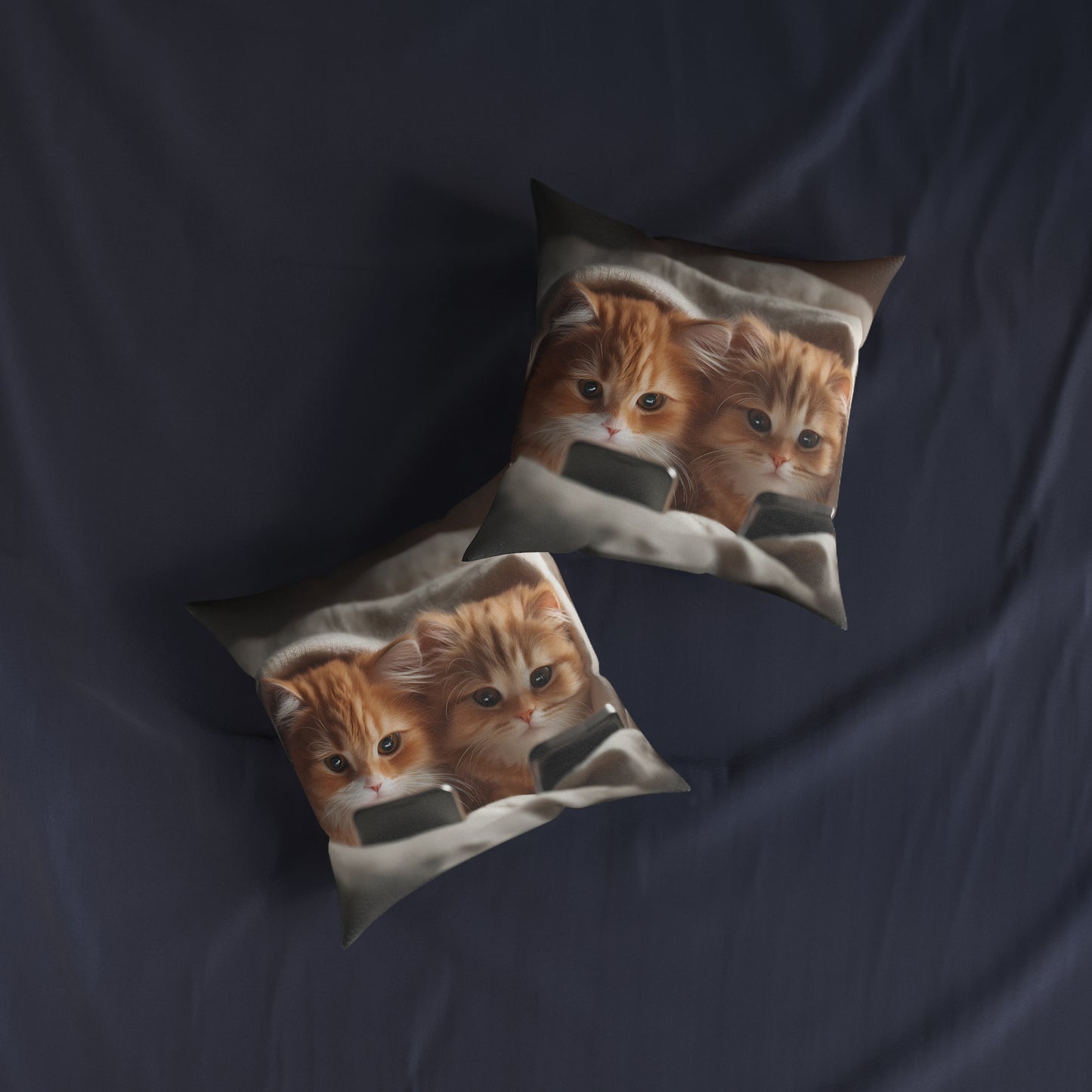 Cute Kittens in Bed With Mobile Phones - Square Pillow - UK