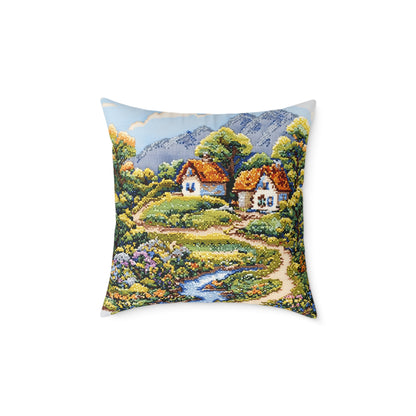 Countryside Nature (Cross-Stitch Effect) - Square Poly Canvas Pillow - UK