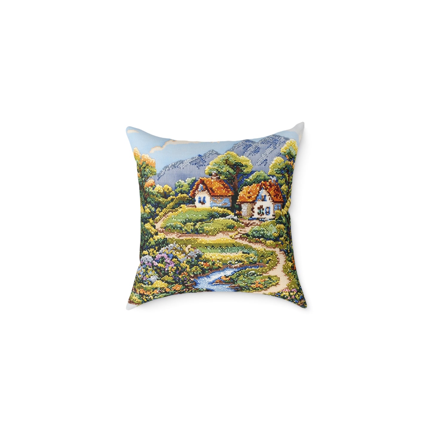 Countryside Nature (Cross-Stitch Effect) - Square Poly Canvas Pillow - UK