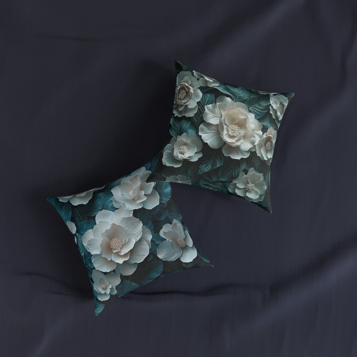 Elegant  White Winter Flower On Dark Teal Leaf - Cushion UK