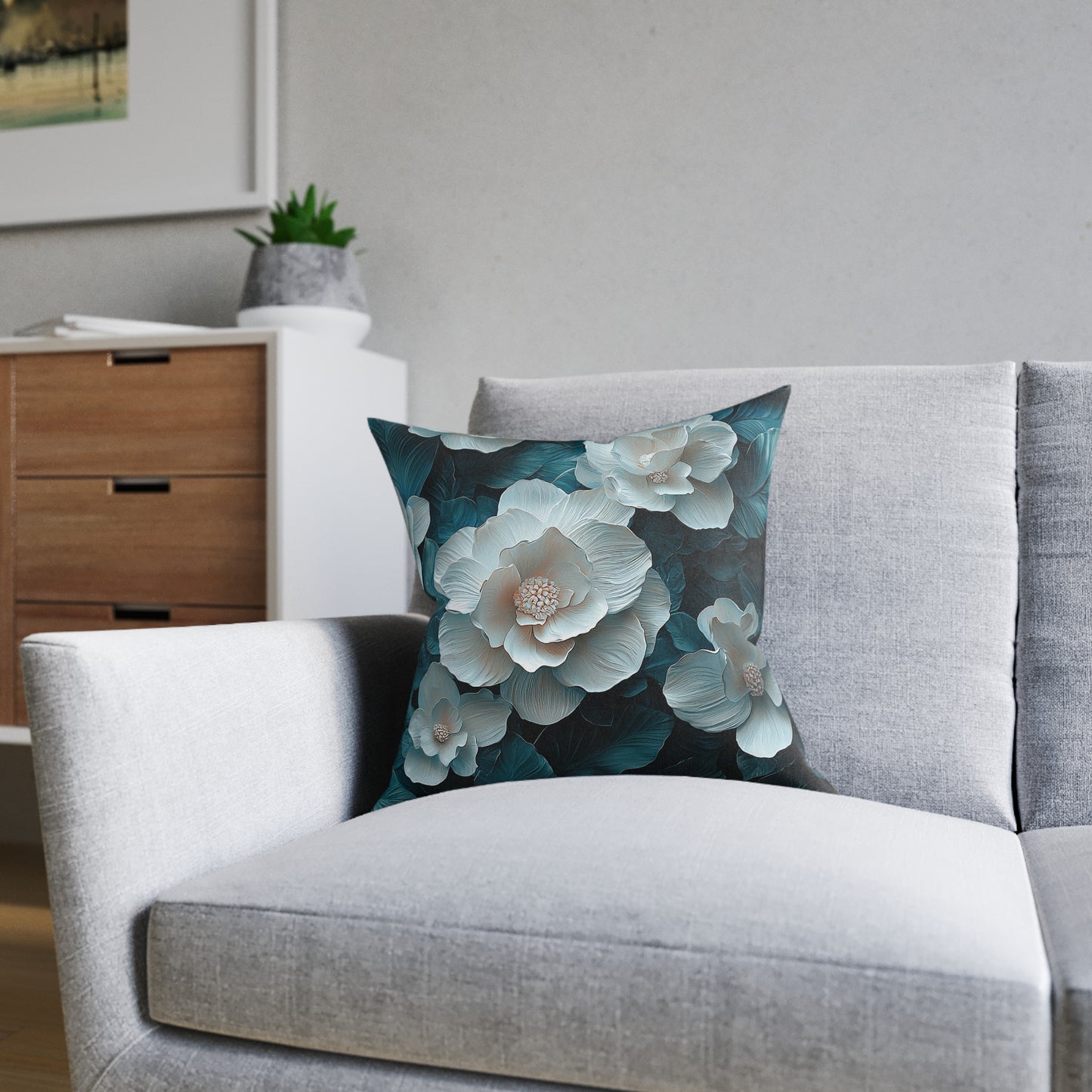 Elegant  White Winter Flower On Dark Teal Leaf - Cushion UK