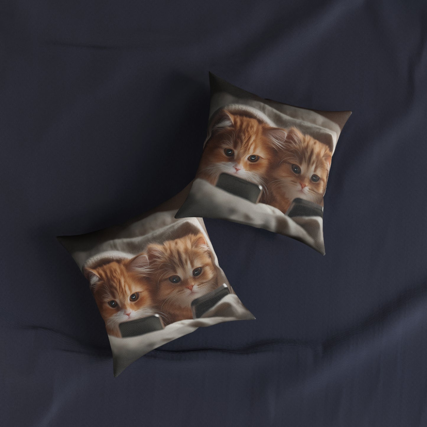 Cute Kittens in Bed With Mobile Phones - Square Pillow - UK