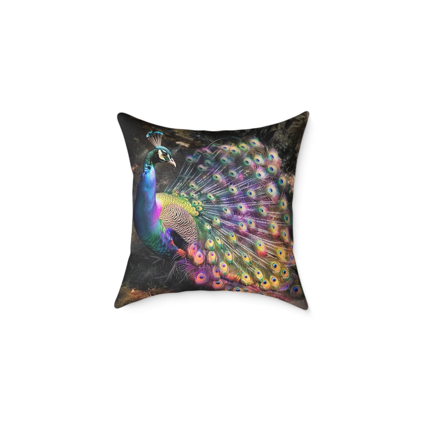 Rainbow Peacock 1 - Square Poly Canvas Pillow - UK
