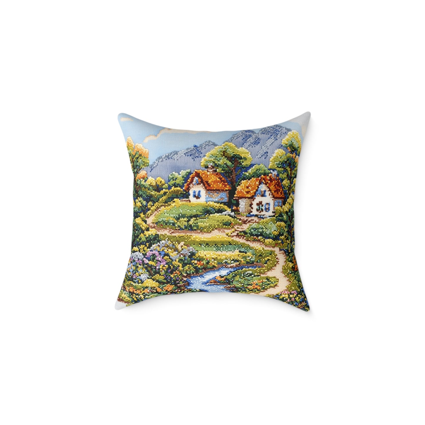 Countryside Nature (Cross-Stitch Effect) - Square Poly Canvas Pillow - UK