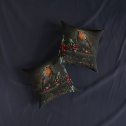 Cute Robin Sitting On Cones and Holly - Square Pillow -UK