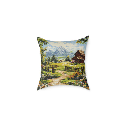 Countryside Nature 2 (Cross-Stitch Effect) - Square Poly Canvas Pillow - UK