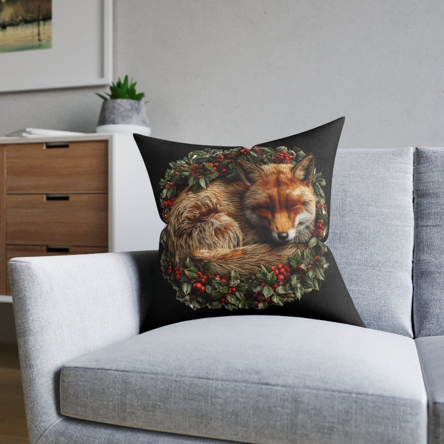 A Christmas Fox Laying in a Holly Wreath