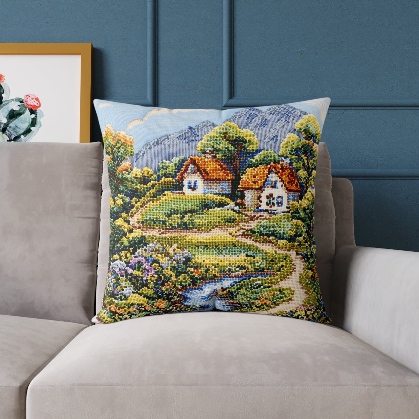 Countryside Nature (Cross-Stitch Effect) - Square Poly Canvas Pillow - UK