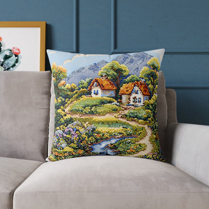 Countryside Nature (Cross-Stitch Effect) - Square Poly Canvas Pillow - UK