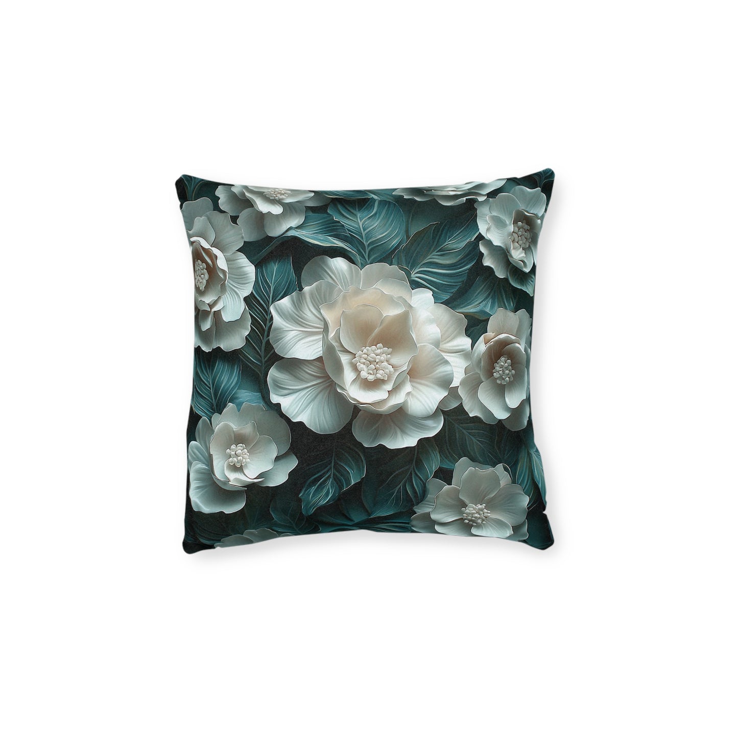 Elegant  White Winter Flower On Dark Teal Leaf - Cushion UK