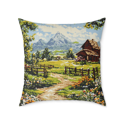 Countryside Nature 2 (Cross-Stitch Effect) - Square Poly Canvas Pillow - UK