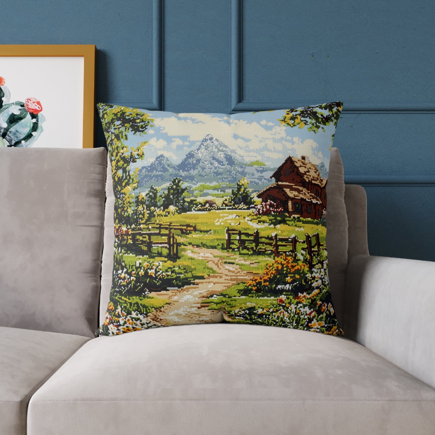 Countryside Nature 2 (Cross-Stitch Effect) - Square Poly Canvas Pillow - UK