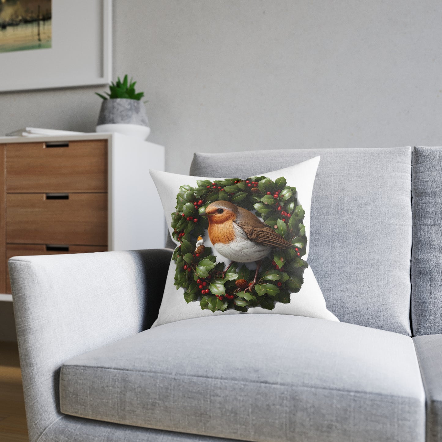 Christmas Robin Sat On A Holly Wreath - UK