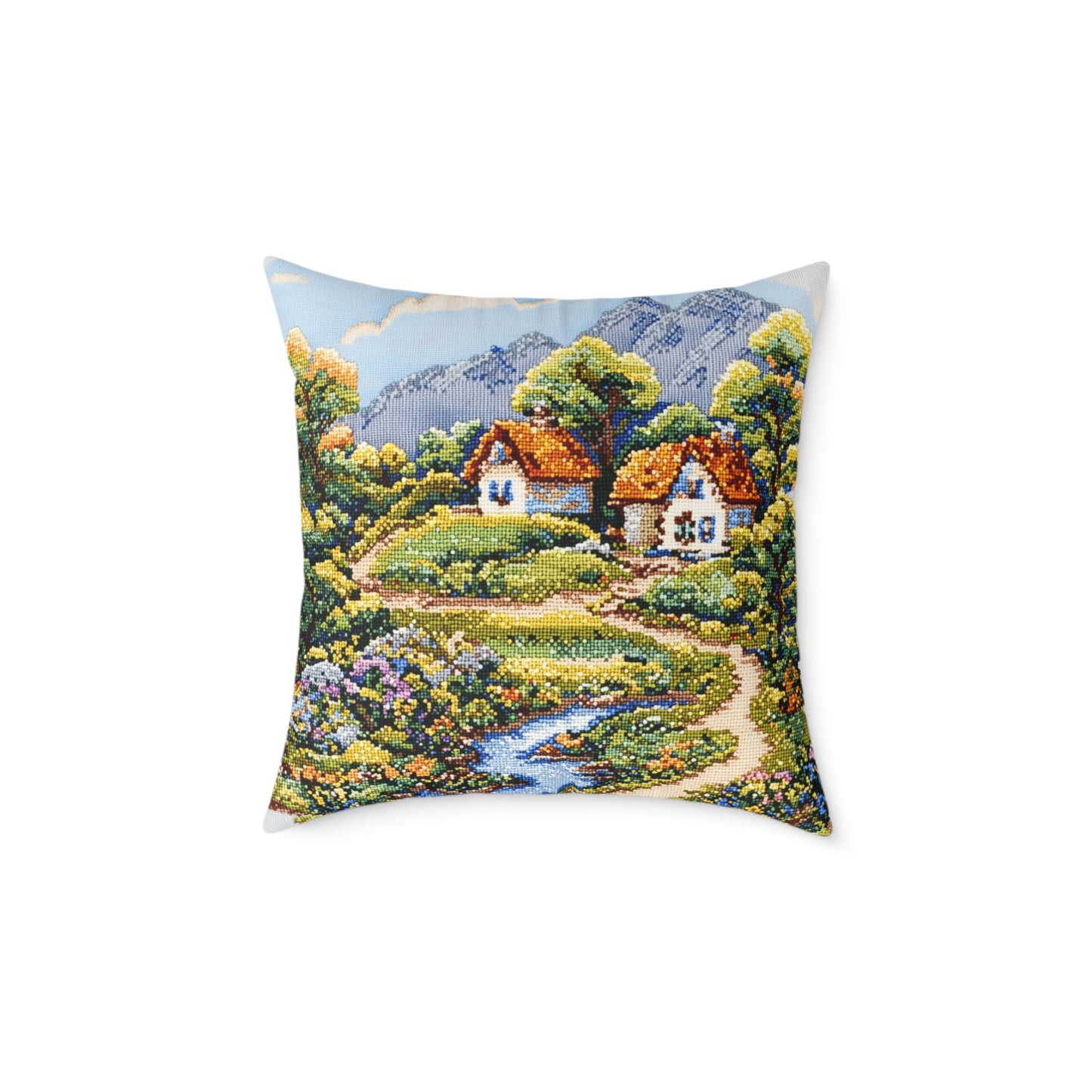 Countryside Nature (Cross-Stitch Effect) - Square Poly Canvas Pillow - UK
