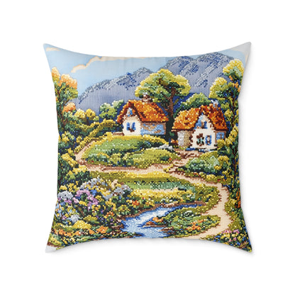 Countryside Nature (Cross-Stitch Effect) - Square Poly Canvas Pillow - UK
