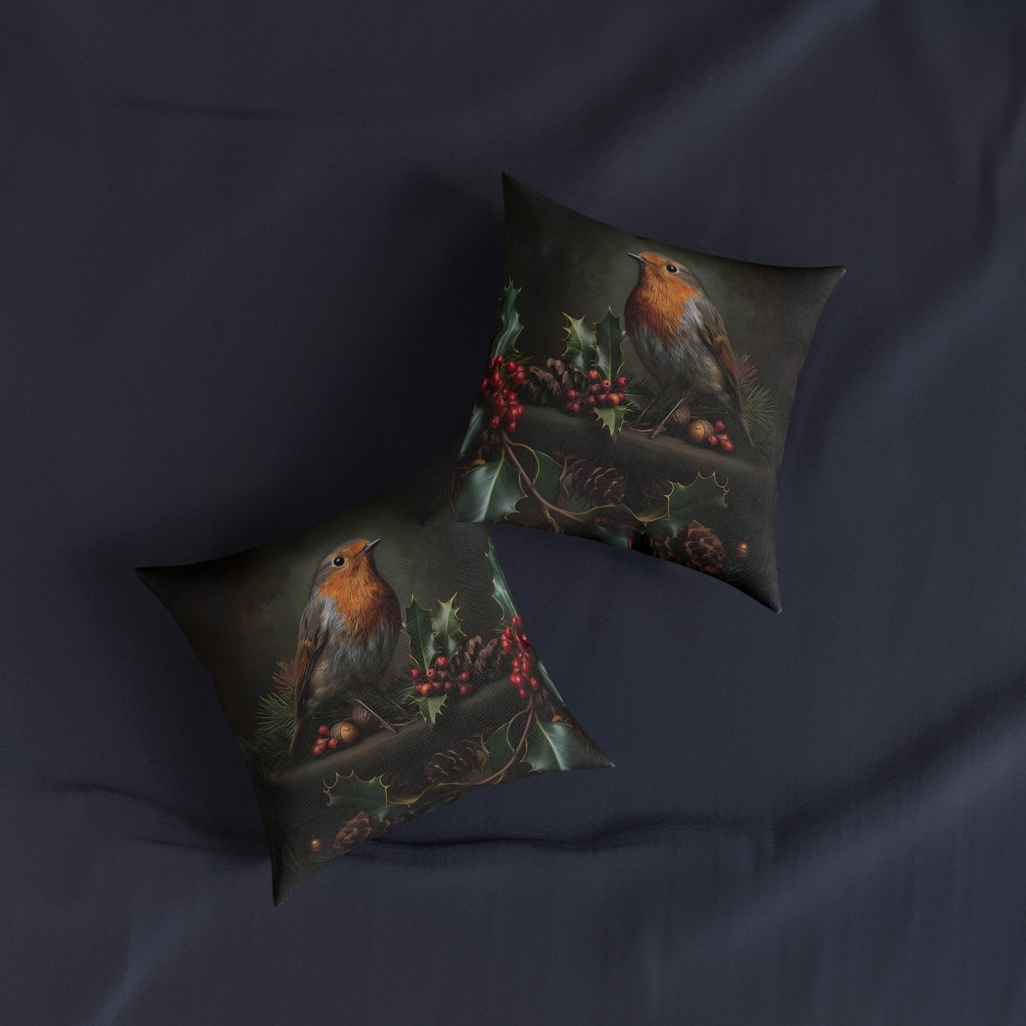 Cute Robin Sitting On Cones and Holly - Square Pillow -UK