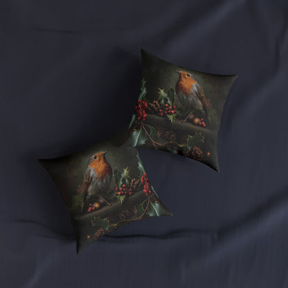 Cute Robin Sitting On Cones and Holly - Square Pillow -UK